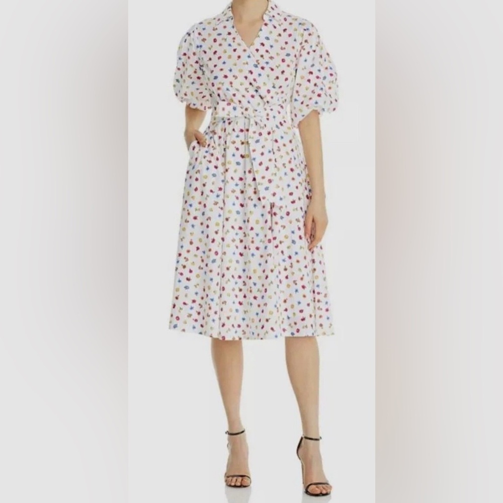Tahari Women Floral Surplice Midi Dress XL Balloon Sleeve Pockets Boho Coquette